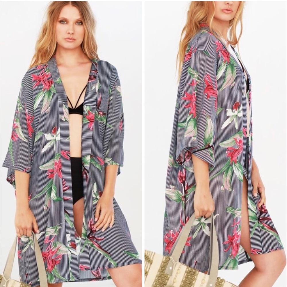 Tropical Floral Striped Kimono Swim Coverup Top